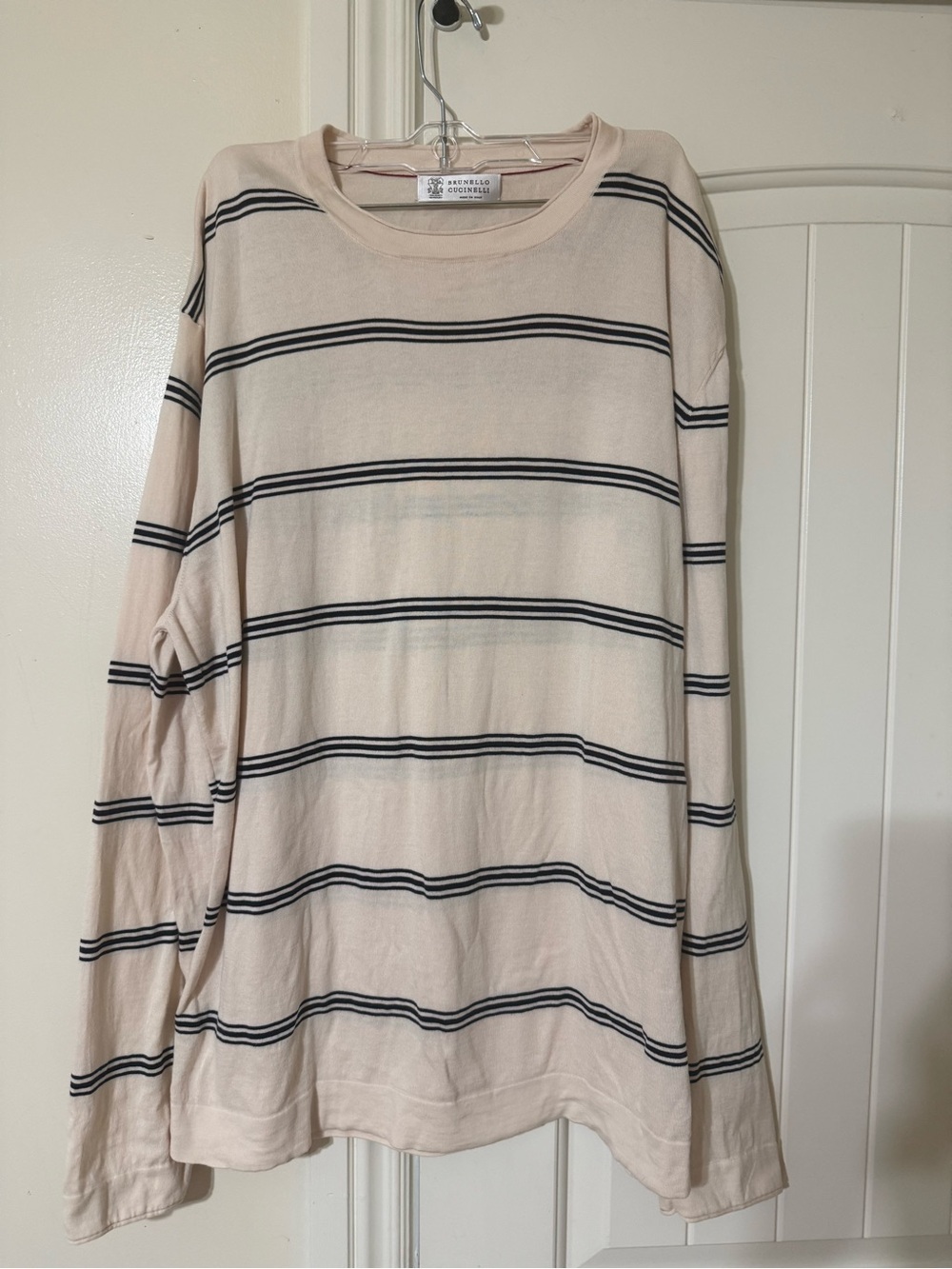 Brunello Cucinelli Beige Crewneck Top with Navy Trim